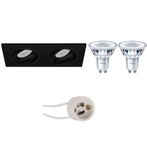 LED Spot Set - Pragmi Borny Pro - GU10 Fitting - Inbouw Rechthoek Dubbel - Mat Zwart - Kantelbaar - 175x92mm - Philips - CorePro 830 36D - 3W - Warm Wit 3000K - Dimbaar