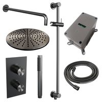 Regendoucheset Inbouw Brauer Gunmetal Edition Thermostatisch 30 cm met 3-Weg Omstelling, Gebogen Wandarm, Glijstang en Staaf Handdouche Geborsteld