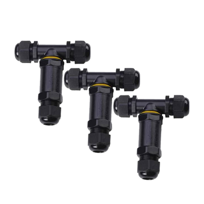 Set 3x Kabelverbinder-T 3 polig IP68 waterdicht zwart 10-12mm kabel