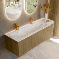 Badmeubel Mondiaz Kurve-Dlux | 145 cm cm | Meubelkleur Dusk | Wastafelkleur Glace | Solid surface | Wasbak links zijde spoelbak | 2 kraangaten