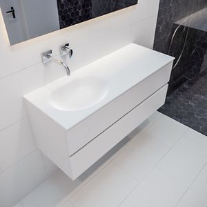 Mondiaz Vica Moon badmeubel wit mat 120 cm 2 lades solid surface enkele spoelbak links zonder kraangat