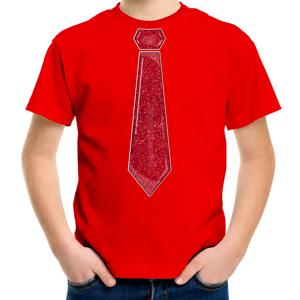 Verkleed t-shirt voor kinderen - glitter stropdas - rood - jongen - carnaval/themafeest kostuum