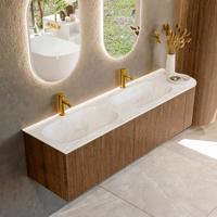 Mondiaz KURVE-DLUX 165 cm Onderkast Greeploos 2 Lades Met Deuren Walnut, Wastafel Solid Surface Links Ostra 2 Kraangaten Zonder Spiegel (KRVSTS165R2L1D2KD-Wal/Ost)