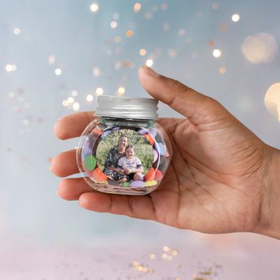 Chocosnoepjes in bedrukt glazen potje - 100 stuks