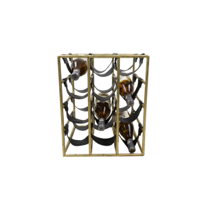 Wijnrek 12 Flessen - 30x32x42 - Antiek Goud / Zwart - Metaal / Leer