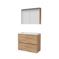 Basic-Line Comfort 39 Badkamermeubelset - Ondiep - 80 x 39 cm - Greeploos - 2 Lades - Acryl Wastafel - 1 Kraangat - Spiegelkast - Whisky Oak
