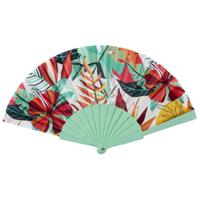 Handwaaier/spaanse waaier Flowers - groen - polyester - 40 x 23 cm - verkoeling/zomer Handwaaier/spaanse waaier Flowers - groen - polyester - 40 x 23 cm - verkoeling/zomer