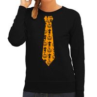 Halloween thema verkleed sweater / trui heks en pompoen stropdas zwart voor dames - thumbnail