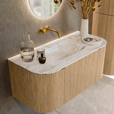 Badmeubel Mondiaz Kurve-Dlux | 100 cm | Meubelkleur Oak | Wastafelkleur Glace | Solid surface | Midden spoelbak | Zonder kraangat(en)