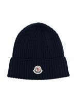 Moncler Enfant bonnet nervuré à patch logo - Bleu - thumbnail