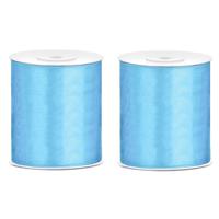 2x Satijnlint blauw rol 10 cm x 25 meter cadeaulint verpakkingsmateriaal - Cadeaulinten - thumbnail