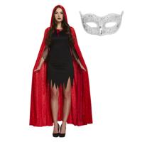Halloween gemaskerd bal verkleedset - Oogmasker zilver - Lange cape met capuchon rood - volwassenen