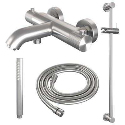 Opbouwset Bad- en Douchekraan Brauer Brushed Carving Thermostatisch Met Glijstang Geborsteld RVS Brauer