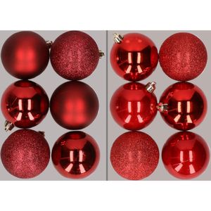 12x stuks kunststof kerstballen mix van donkerrood en rood 8 cm   -