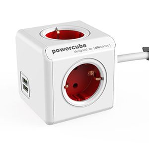 Allocacoc 1402RD/DEEUPC Stekkerdoos | PowerCube Extended | 2x USB-A poorten | 4 Sockets | Wit/Rood | 1,5 meter