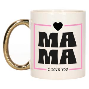Cadeau koffie/thee mok voor mama - wit/roze - ik hou van jou - gouden oor - Moederdag   -