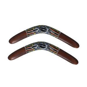 Wanddecoratie Boomerang ornament - 2x - hout - 50 cm - bruin met print - Australie thema