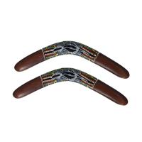 Wanddecoratie Boomerang ornament - 2x - hout - 50 cm - bruin met print - Australie thema