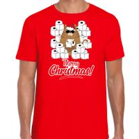 Fout Kerst t-shirt / outfit met hamsterende kat Merry Christmas rood voor heren - thumbnail