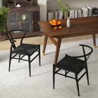 2-Delige Set Eetkamerstoelen Keukenstoelen met Y-Vormige Rugleuning & Gevlochten Rieten Zitkussen Accentstoelen Stapelbaar Zwart