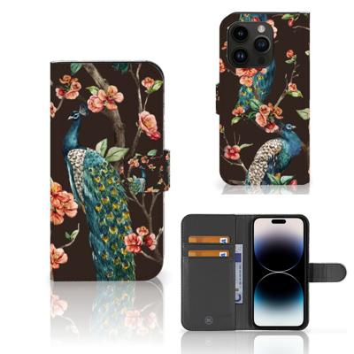 iPhone 15 Pro | Telefoonhoesje | Met pasjeshouder | Pauw met Bloemen