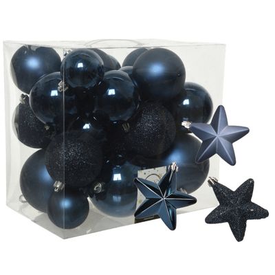 Pakket 32x stuks kunststof kerstballen en sterren ornamenten donkerblauw