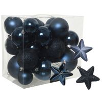 Pakket 32x stuks kunststof kerstballen en sterren ornamenten donkerblauw