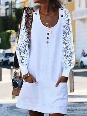 Plain Lace Long Sleeve Buckle Pockets Casual Scoop Neck Tunic Dress
