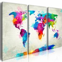 Schilderij - Wereldkaart - Kleuren Explosie II, 3luik , multikleur , wanddecoratie , premium print op canvas