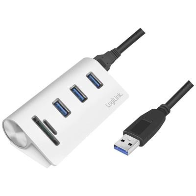 LogiLink CR0045 USB 3.0-hub 3 + 2 poorten Met aluminium behuizing, Met ingebouwde SD-kaartlezer Zilver