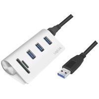 LogiLink CR0045 USB 3.0-hub 3 + 2 poorten Met aluminium behuizing, Met ingebouwde SD-kaartlezer Zilver