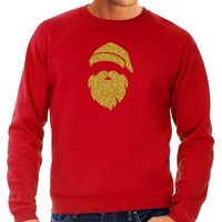 Kerstman hoofd Kerst sweater / trui rood voor heren met gouden glitter bedrukking - thumbnail