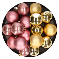 24x stuks kunststof kerstballen mix van goud en oudroze 6 cm - thumbnail