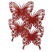 Decoris kerstboom vlinders op clip - 4x stuks -rood - 13 cm - glitter - Kersthangers