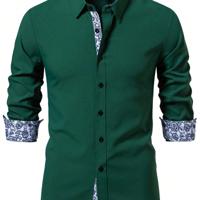 Bon&Bon Men's Floral Patchwork Long Sleeve Shirt | White Casual Work Dark Green / XXL