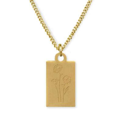 Gegraveerde geboortebloem ketting OUD DESIGN - Stainless steel - Goud - Rechthoek - Augustus - klaproos