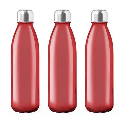 Glazen waterfles/drinkfles met RVS dop - 3x - rood transparant - 650 ml - Sportfles - Bidon