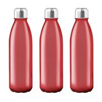 Glazen waterfles/drinkfles met RVS dop - 3x - rood transparant - 650 ml - Sportfles - Bidon