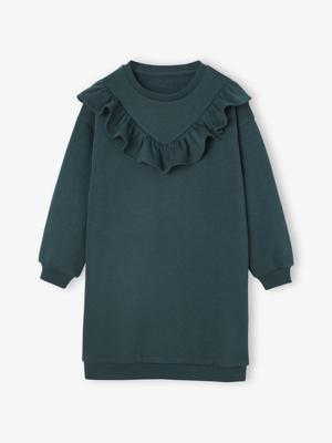 Jurk van sweaterstof met ruches voor meisjes smaragdgroen