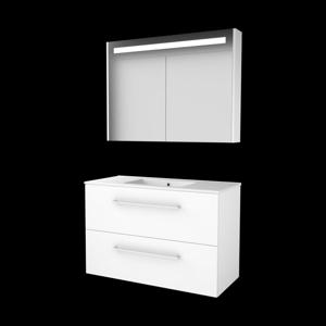 Basic-Line Premium 46 badkamermeubelset - 100x46cm - met grepen - 2 lades - porseleinen wastafel - 1 kraangat - Spiegelkast - geintegreerde LED verlichting - MDF lak Ice White 1810234