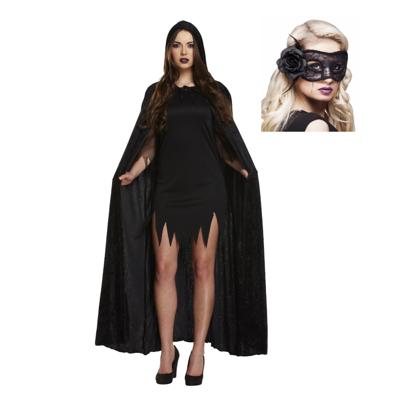 Carnaval gemaskerd bal verkleed set - Oogmasker zwart - Lange cape met capuchon zwart - volwassenen