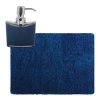 MSV badkamer droogloop tapijt - Langharig - 50 x 70 cm - incl zeeppompje 260 ml - donkerblauw