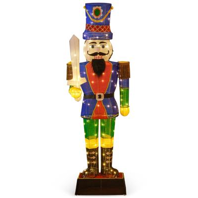 184 cm Notenkraker Soldaat met Hoed en Zwaard 3D Kerstdecoratie met 110 LED Lampjes Glitterende Waterdichte Kerstfiguur