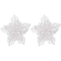 Decoris decoratie bloem - 2x - op clip - wit glitter - 23 cm - kunststof - kerstversiering