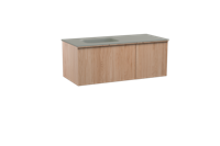 Balmani Forma zwevend badmeubel 120 x 55 cm naturel eiken met Tablo Arcato asymmetrisch linkse wastafel in solid surface steengrijs, Verticale symmetrische rechte ribbel