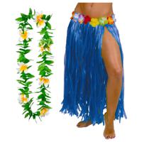 Hawaii verkleed hoela rokje en bloemenkrans - volwassenen - blauw - tropisch themafeest - hoela - thumbnail