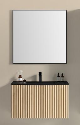 Badmeubelset Xellanz Ribbella | 80 | Meubelkleur Natuur Eiken | Incl.Spiegel | Wastafelkleur Zwart mat | Midden spoelbak | 1 kraangat