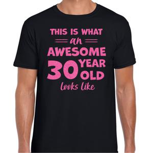 Cadeau T-shirt voor heren - leeftijd 30 jaar - awesome - zwart - glitter roze - Verjaardagsfeest