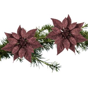 2x stuks kerstboom decoratie bloemen donkerrood glitter op clip 18 cm