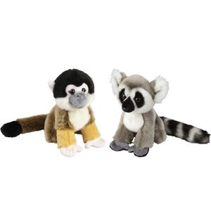 Apen serie zachte pluche knuffels 2x stuks - Ringstaart Maki en Squirrel Aapje van 18 cm